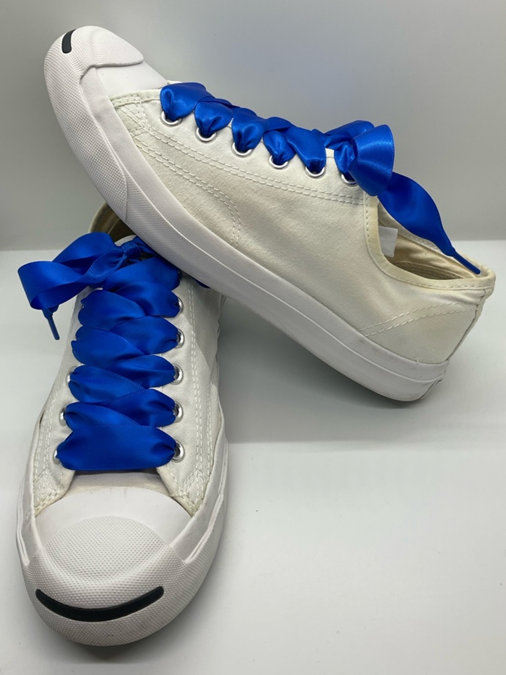 Converse Jack Purcell White Canvas Sneakers Dodgers Blue Laces M7 Womens 8.5